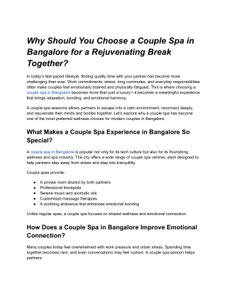 Why Should You Choose a Couple Spa in Bangalore for a Rejuvenating Break Together