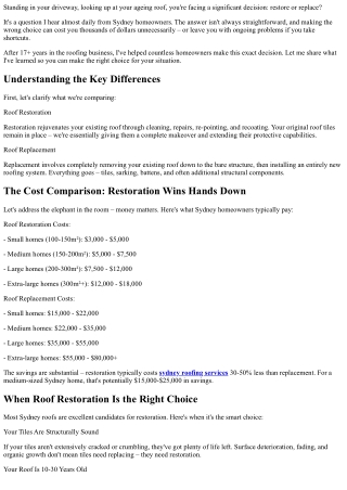 Roof Restoration vs Roof Replacement: Which Is Right for Your Sydney Home?