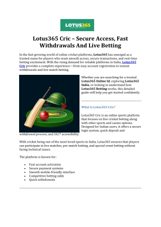 Lotus365 Cric – Secure Access, Fast Withdrawals And Live Betting