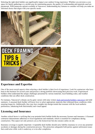 Top Features to Consider When Choosing a New Deck Builder in Vancouver.