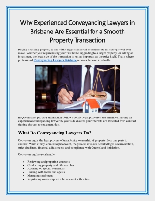 Why Experienced Conveyancing Lawyers in Brisbane Are Essential for a Smooth Property Transaction