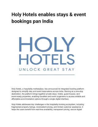 Holy Hotels enables stays & event bookings pan India