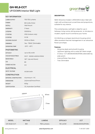 8W Up/Down LED Indoor Wall Light by Greenhse Technologies
