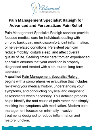 Pain Management Specialist Raleigh for Targeted Chronic Pain Treatment