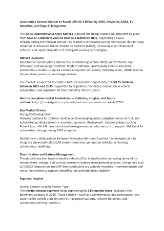 Automotive Sensors Market to Reach USD 62.3 Billion by 2035