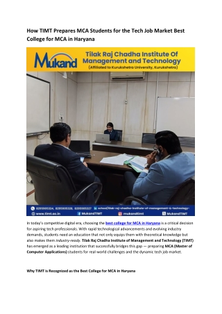 How TIMT Prepares MCA Students for the Tech Job Market Best College for MCA in Haryana