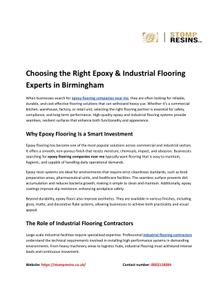 Choosing the Right Epoxy & Industrial Flooring Experts in Birmingham