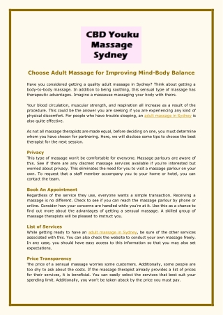 Choose Adult Massage for Improving Mind-Body Balance