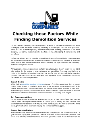 Checking these Factors While Finding Demolition Services