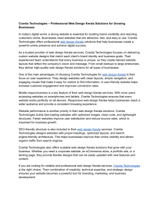 Crantia Technologies – Professional Web Design Kerala Solutions for Growing Businesses