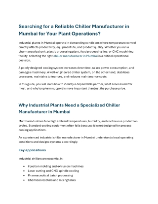 Searching for a Reliable Chiller Manufacturer in Mumbai for Your Plant Operations