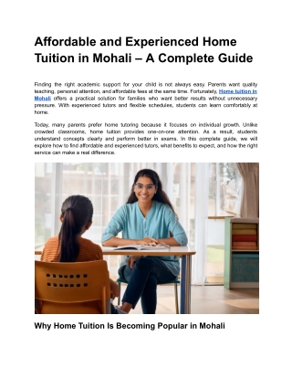 Affordable and Experienced Home Tuition in Mohali – A Complete Guide
