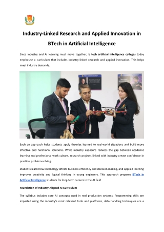 Industry-Linked Research and Applied Innovation in BTech in Artificial Intelligence