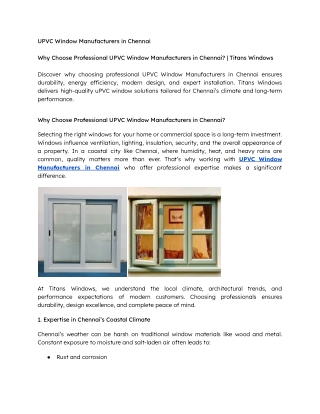 Why Choose Professional UPVC Window Manufacturers in Chennai  Titans Windows
