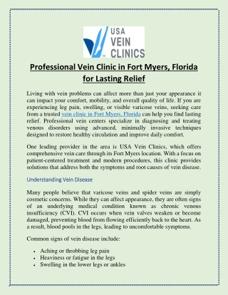Professional Vein Clinic in Fort Myers, Florida for Lasting Relief