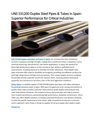 UNS S31200 Duplex Steel Pipes & Tubes in Spain:  Superior Performance for Critic