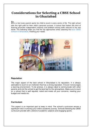 Considerations for Selecting a CBSE School in Ghaziabad