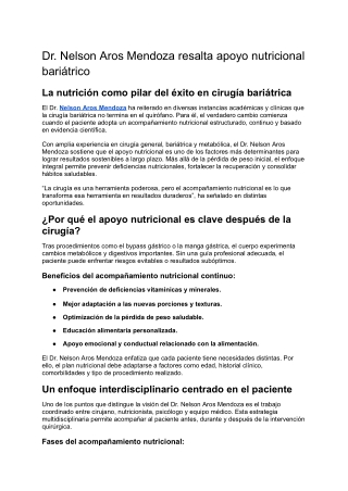 Dr. Nelson Aros Mendoza resalta apoyo nutricional bariátrico