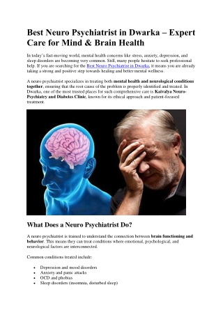 Best Neuro Psychiatrist in Dwarka – Expert Care for Mind & Brain Health