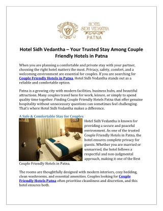 Hotel Sidh Vedantha – Your Trusted Stay Among Couple Friendly Hotels in Patna