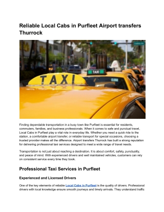 Reliable Local Cabs in Purfleet Airport transfers Thurrock