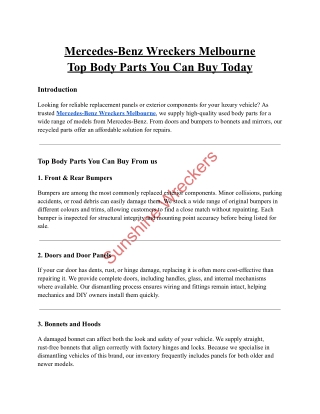 Top Quality Mercedes-Benz Used Body Parts from Sunshine Wreckers