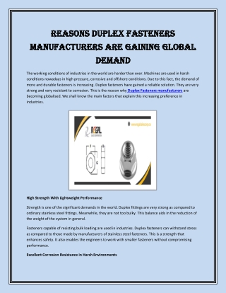 Reasons Duplex Fasteners Manufacturers Are Gaining Global Demand
