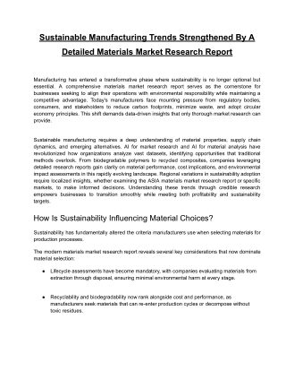 Sustainable Manufacturing Trends Strengthened By A Detailed Materials Market Research Report