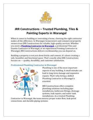 JRR Constructions – Trusted Plumbing, Tiles & Painting Experts in Warangal