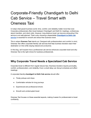 Corporate-Friendly Chandigarh to Delhi Cab Service – Travel Smart with Oneness Taxi