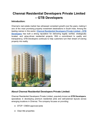 chennai residential developers private limited | GTB Developers