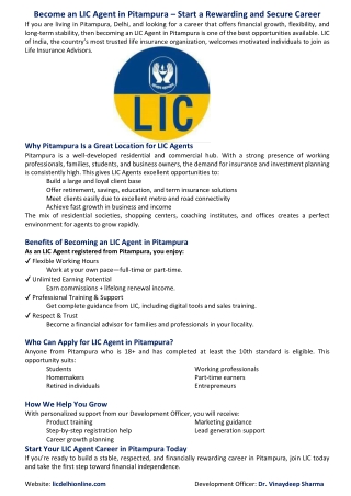 Become an LIC Agent in Pitampura