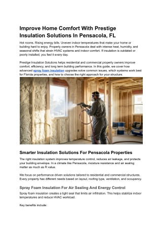 Improve Home Comfort With Prestige Insulation Solutions In Pensacola, FL