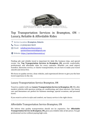 Top Transportation Services in Brampton, ON – Luxury, Reliable & Affordable Rides