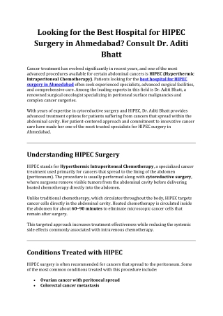 Looking for the Best Hospital for HIPEC Surgery in Ahmedabad?