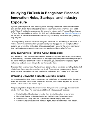 Studying FinTech in Bangalore: Financial Innovation Hubs, Startups, and Industry