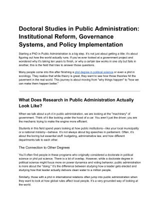 Doctoral Studies in Public Administration: Institutional Reform, Governance Syst