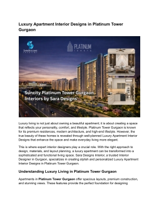 Luxury Apartment Interior Designs in Platinum Tower Gurgaon