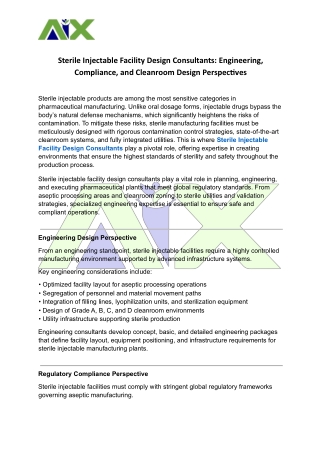 Sterile Injectable Facility Design Consultants Engineering, Compliance.
