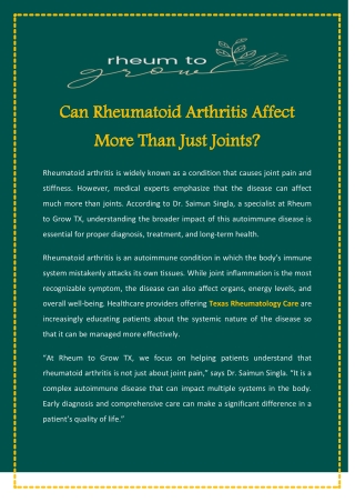 Can Rheumatoid Arthritis Affect More Than Just Joints