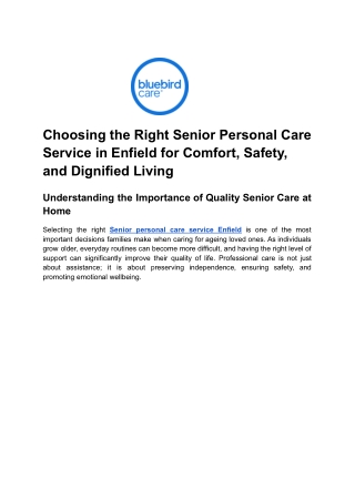 Choosing the Right Senior Personal Care Service in Enfield for Comfort, Safety, and Dignified Living