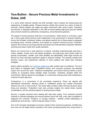 Tora Bullion - Secure Precious Metal Investments in Dubai, UAE