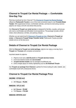 Chennai to Tirupati Car Rental Package – Comfortable One Day