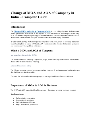 Change of MOA and AOA of Company in India