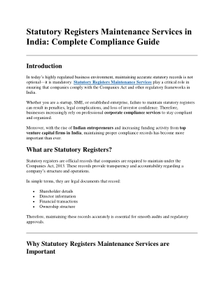 Statutory Registers Maintenance Services in India