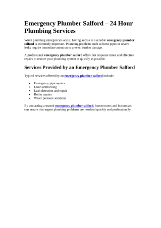 Emergency Plumber Salford – 24 Hour Plumbing Services