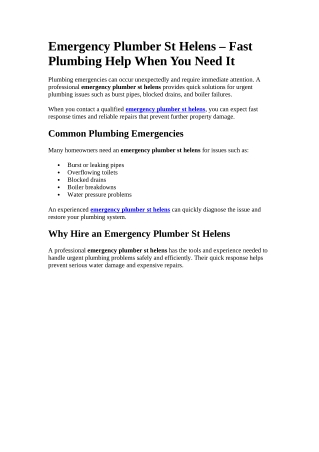 Emergency Plumber St Helens – Fast Plumbing Help When You Need It