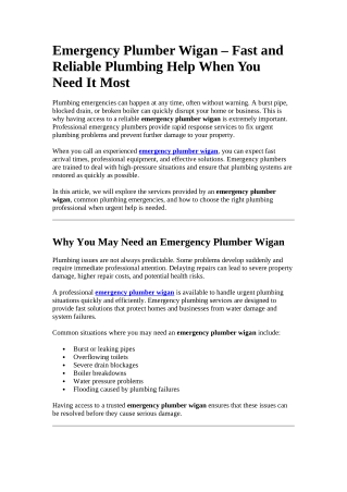 Emergency Plumber Wigan – Fast and Reliable Plumbing Help When You Need It Most