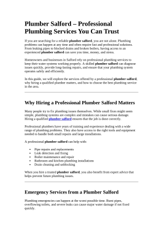 Plumber Salford – Professional Plumbing Services You Can Trust