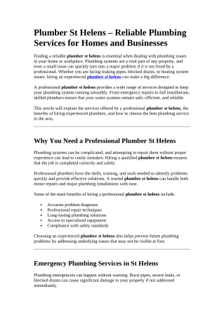 Plumber St Helens – Reliable Plumbing Services for Homes and Businesses